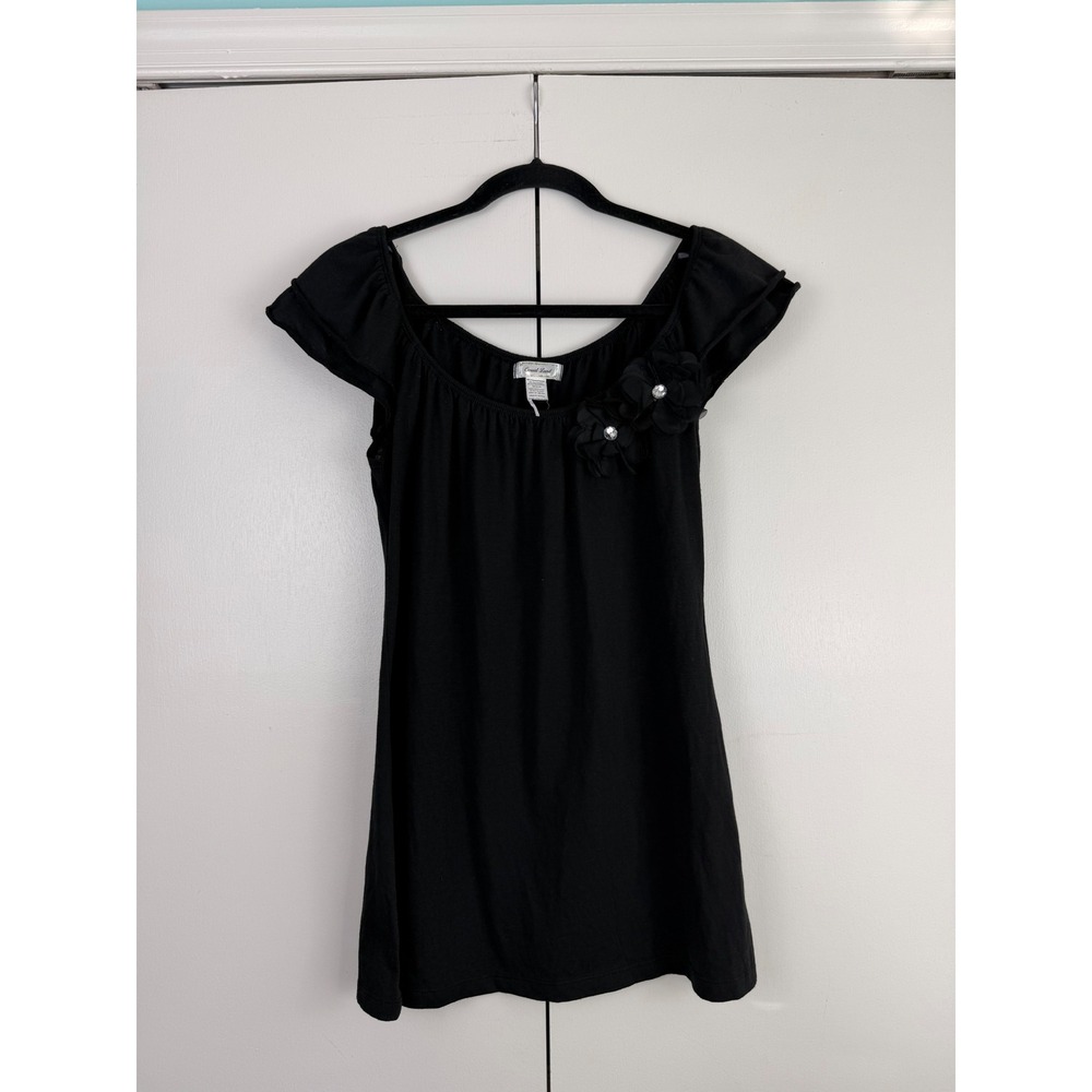 Casual‎ Land Black Rosette Blouse Short Sleeve Rhinestone 3D Floral Top Small